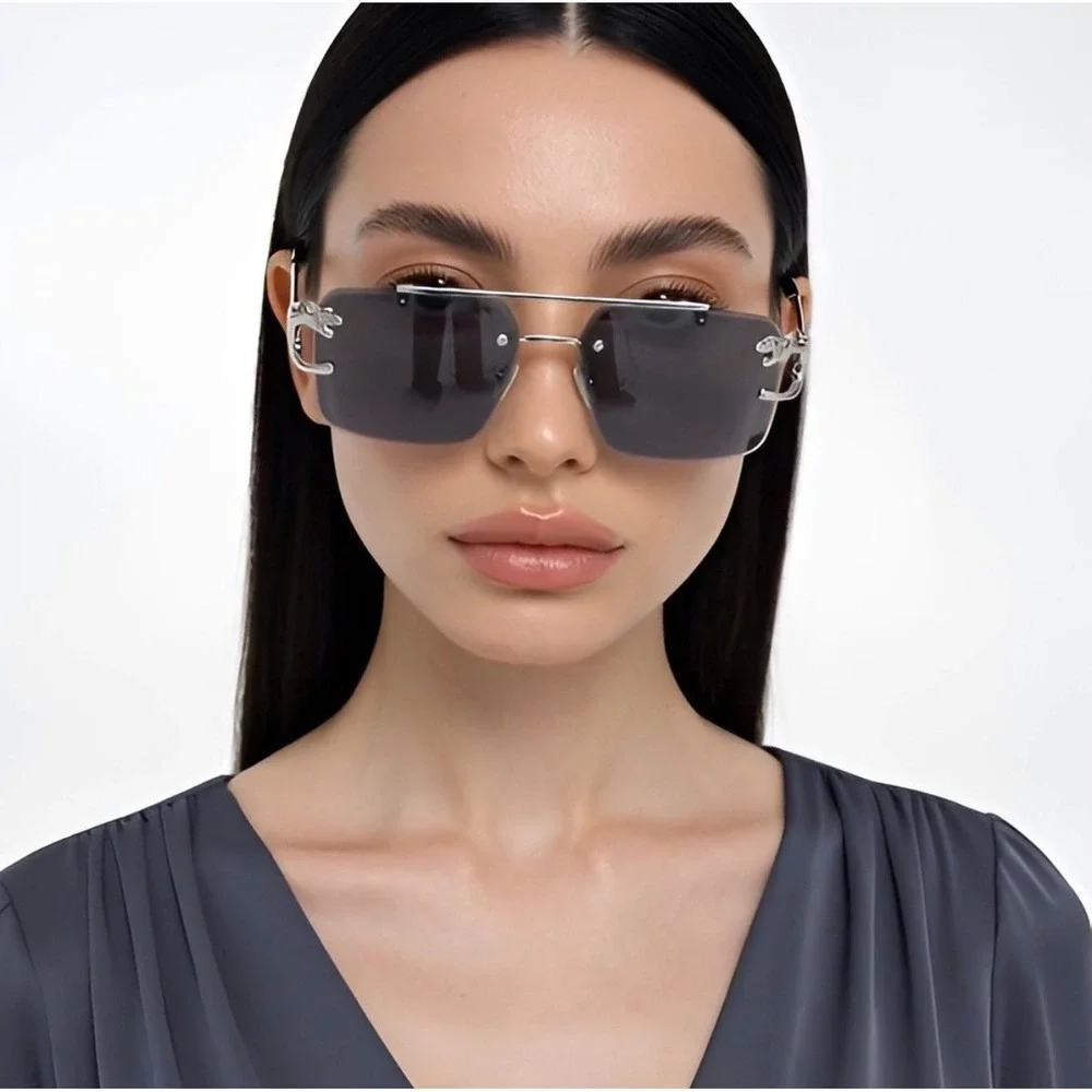 Rimless Rectangle Women Sunglasses Silver‎ Frame Fashion Tinted Dark Black Lens